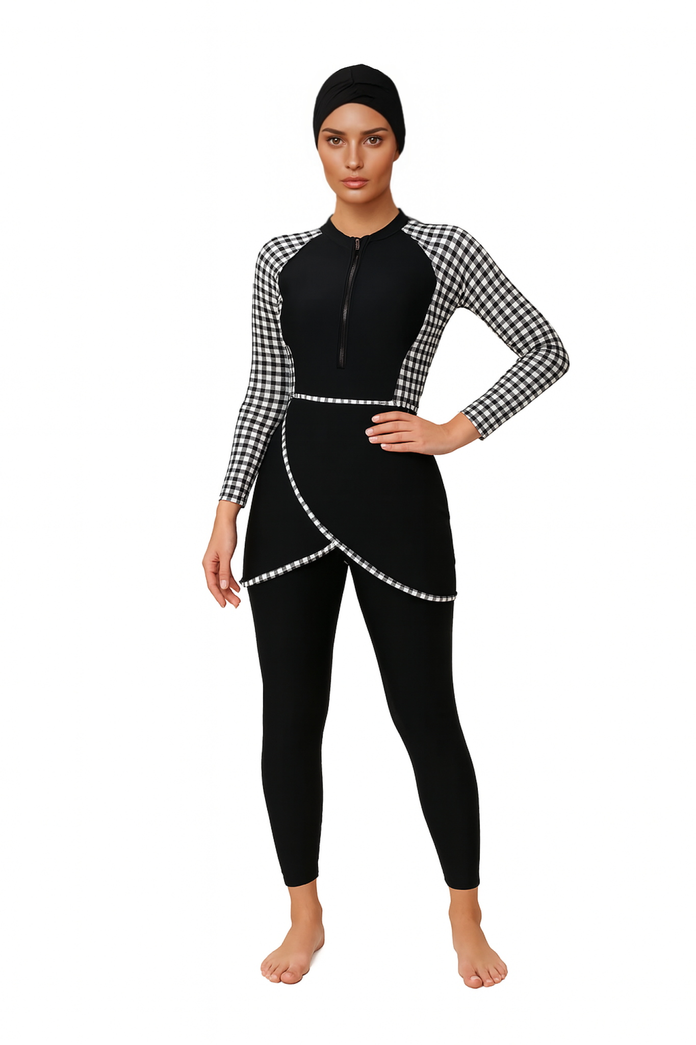Zehra Modest Burkini 3-Piece Full Coverage Swim Set – Gingham Black