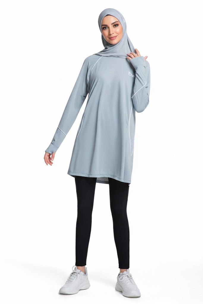 Quick-Dry Breathable 4-Way-Stretch Longline Sports Tee – Mist Blue