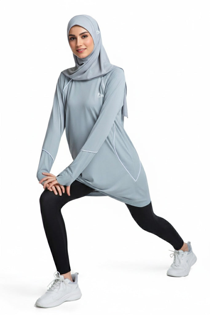 Quick-Dry Breathable 4-Way-Stretch Longline Sports Tee – Mist Blue