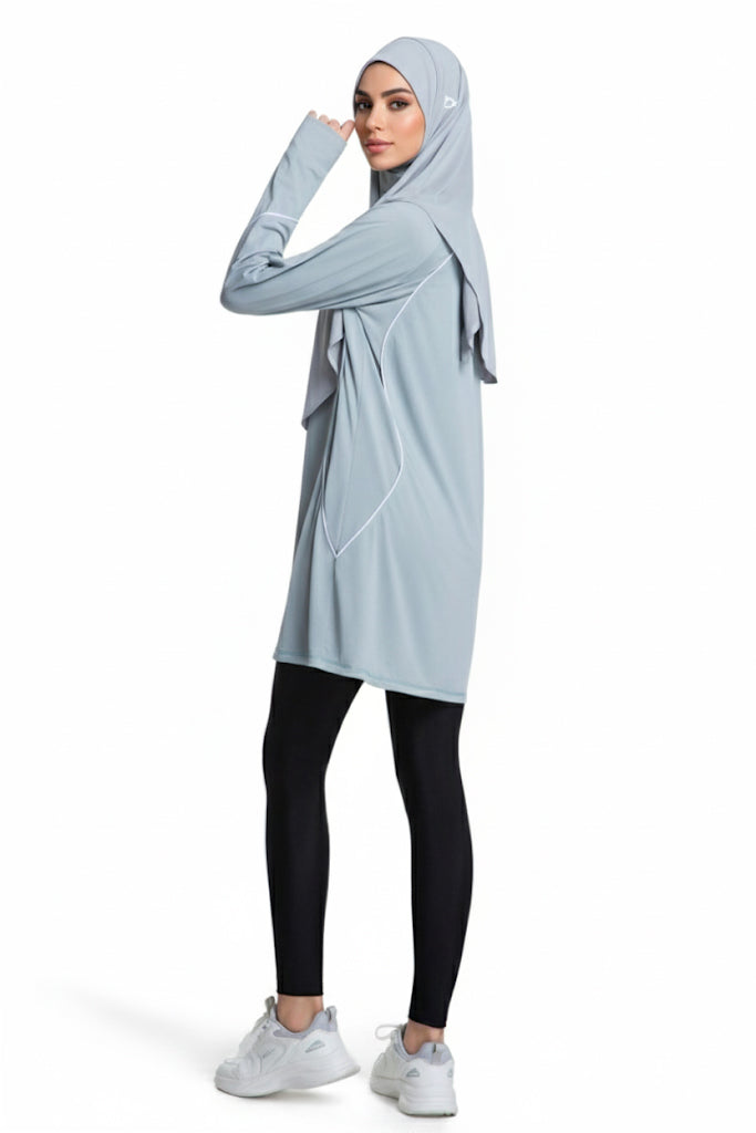 Quick-Dry Breathable 4-Way-Stretch Longline Sports Tee – Mist Blue