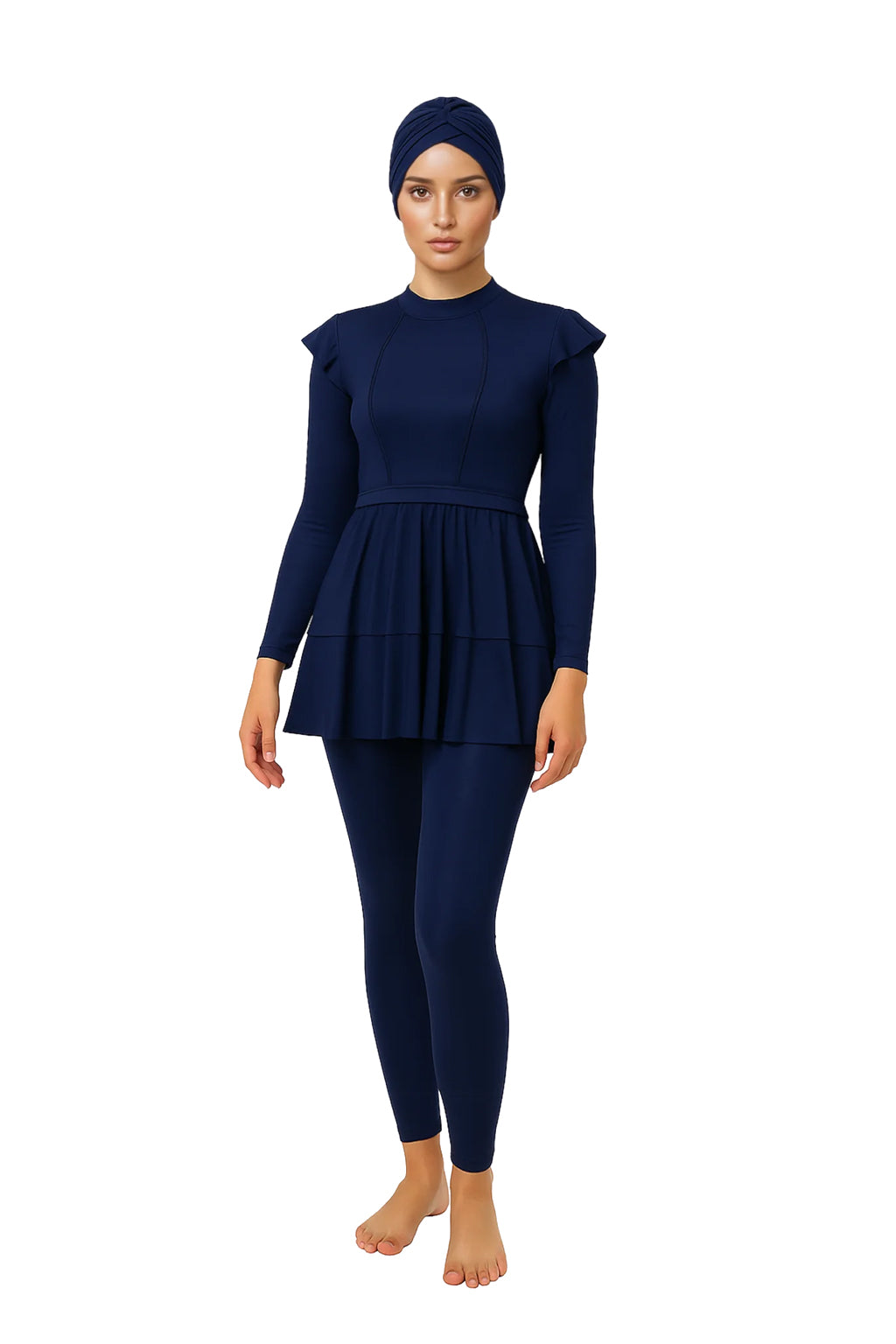 Rania Modest Burkini 3-Piece Full Coverage Swim Set – Navy Tiered Ruffle