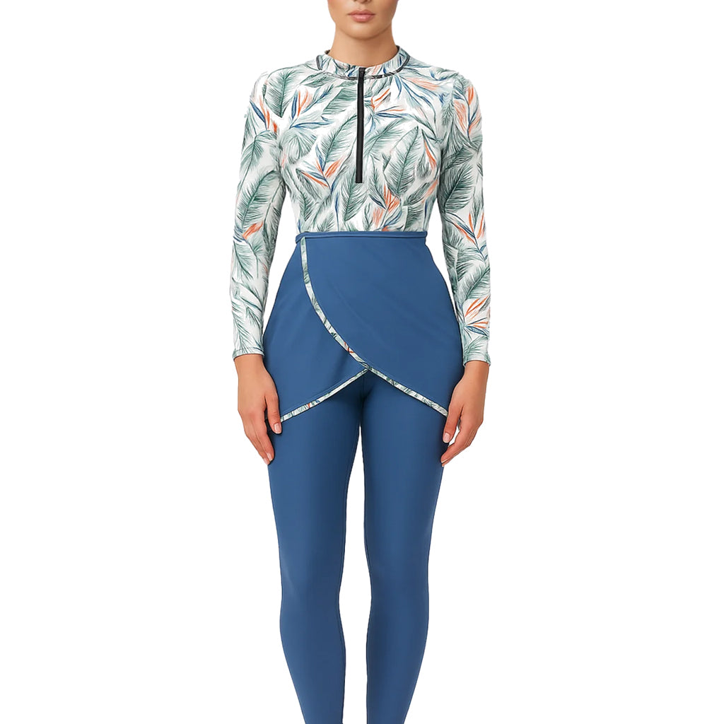Zehra  Modest Burkini 3-Piece Tropical Print Swim Set- Blue