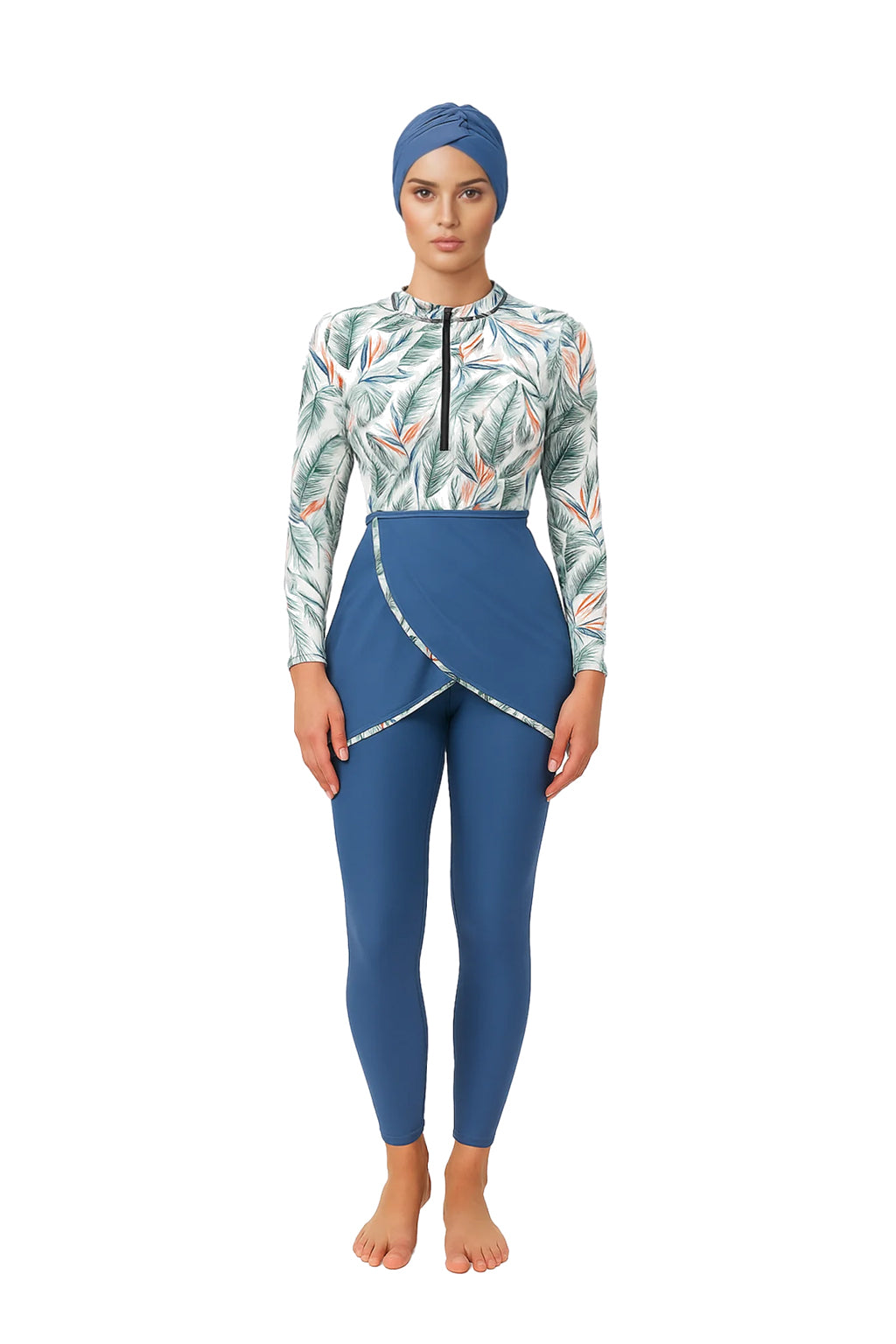 Zehra  Modest Burkini 3-Piece Tropical Print Swim Set- Blue
