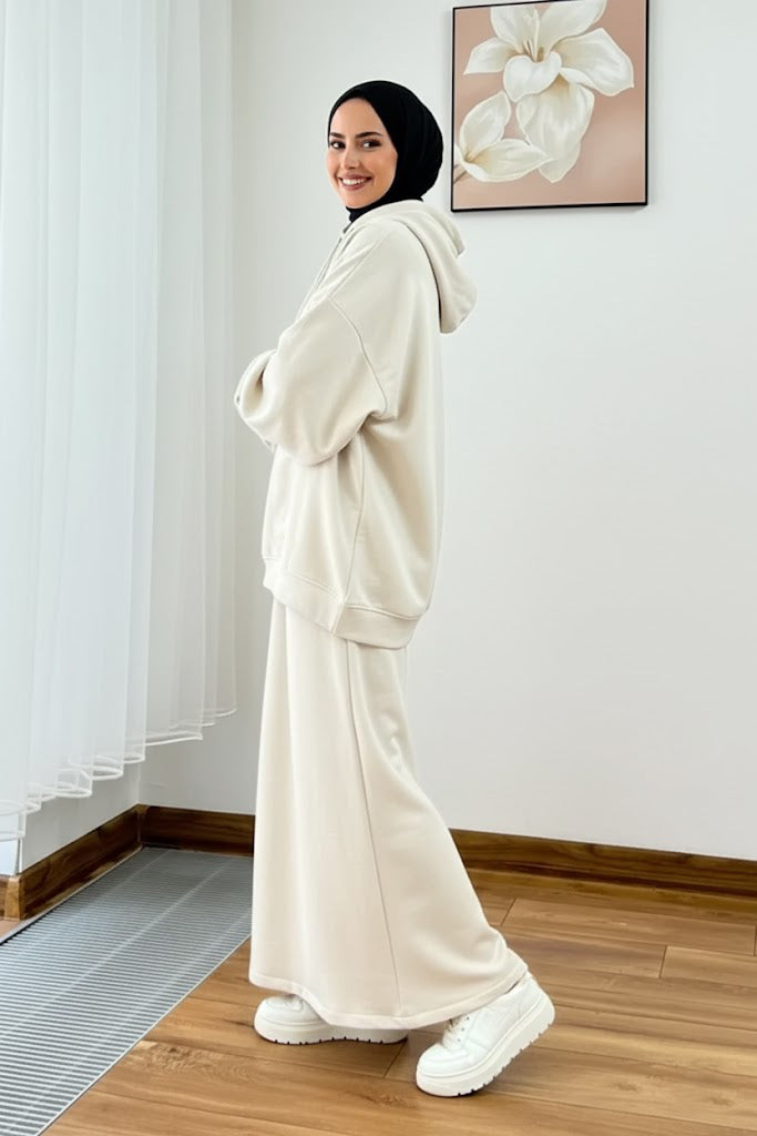 Warm Fleece Hoodie & Long Dress Set – Cream