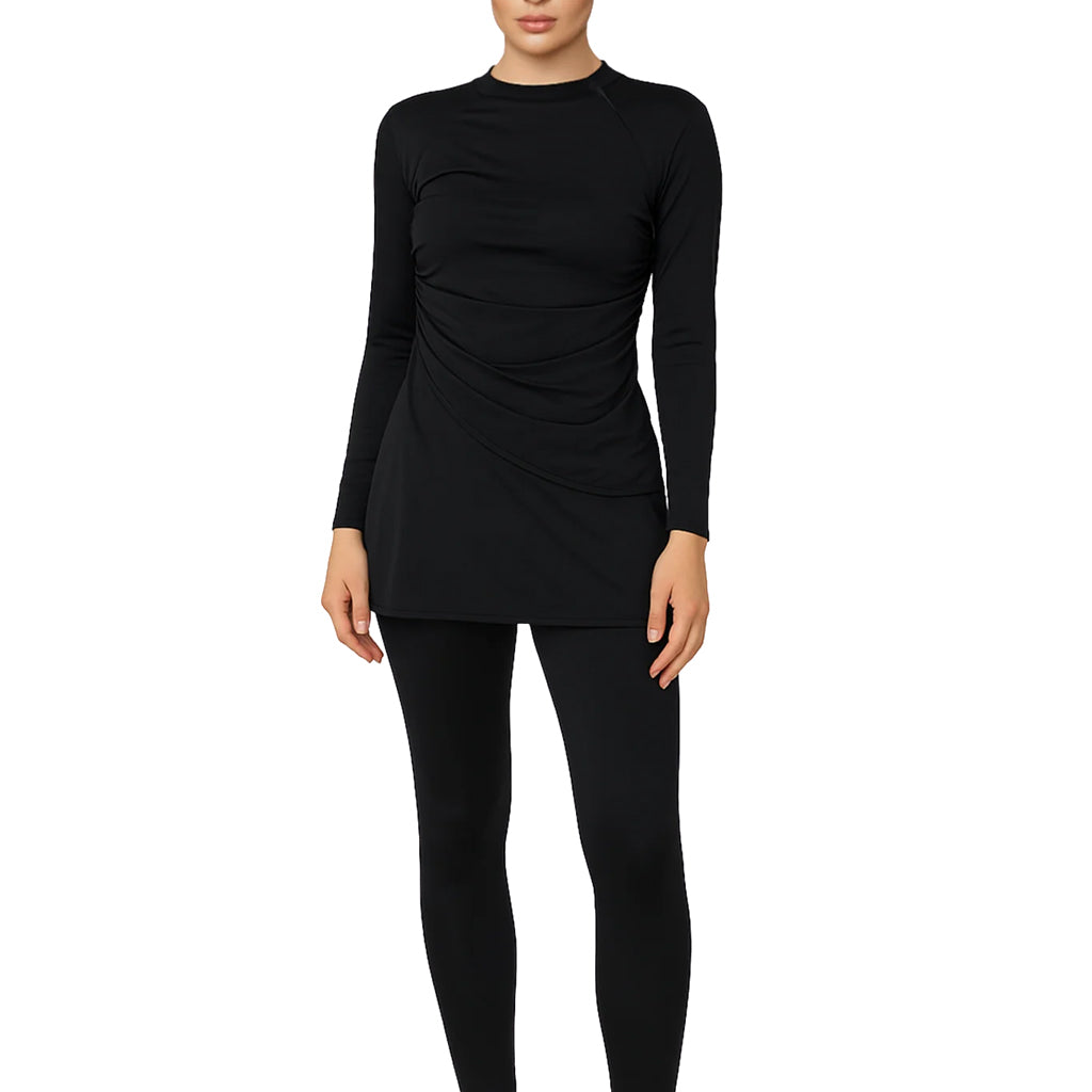 Lina Modest Burkini 3-Piece Elegant Ruched Design Swim Set  – Classic Black Drape
