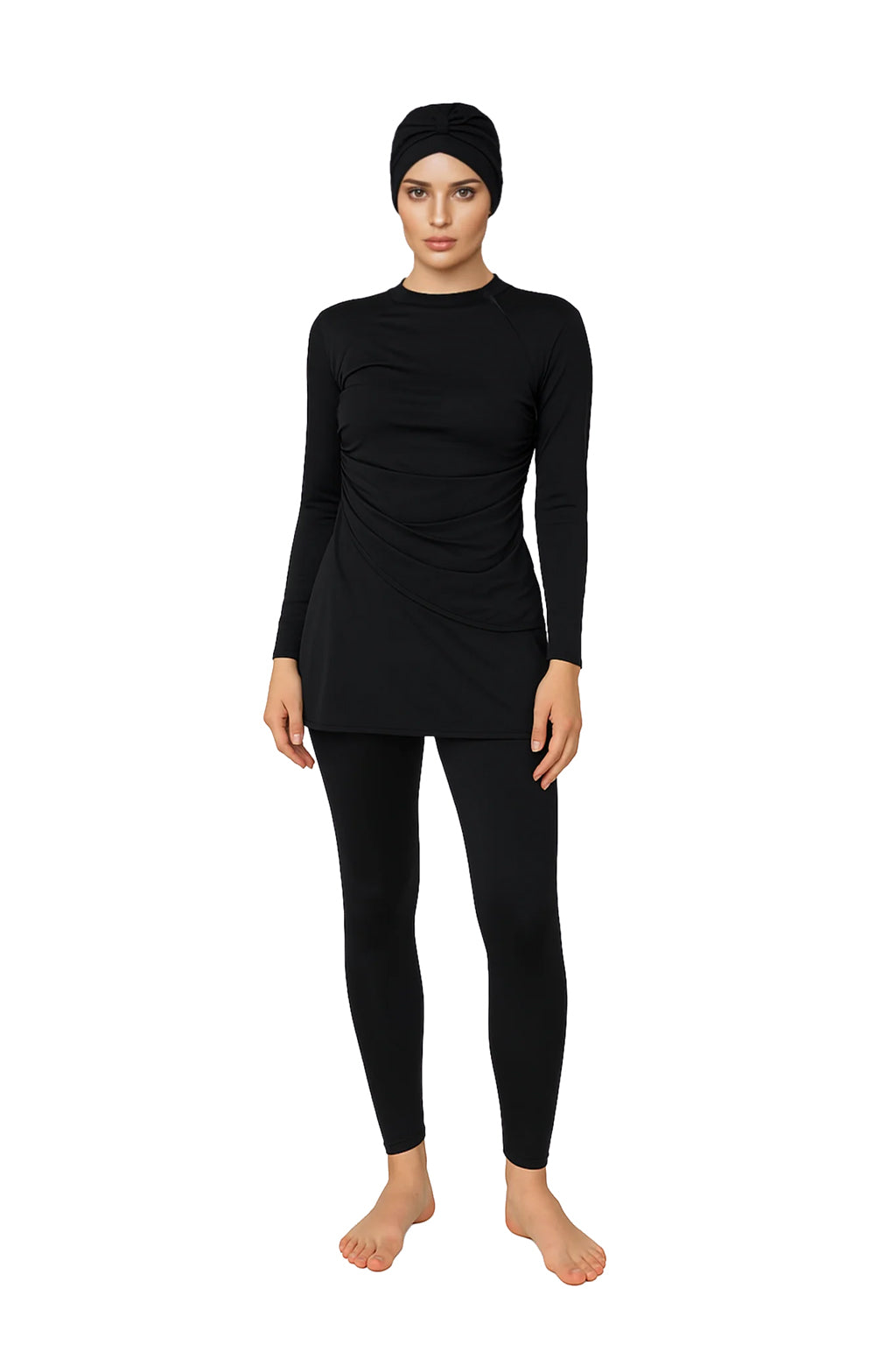 Lina Modest Burkini 3-Piece Elegant Ruched Design Swim Set  – Classic Black Drape
