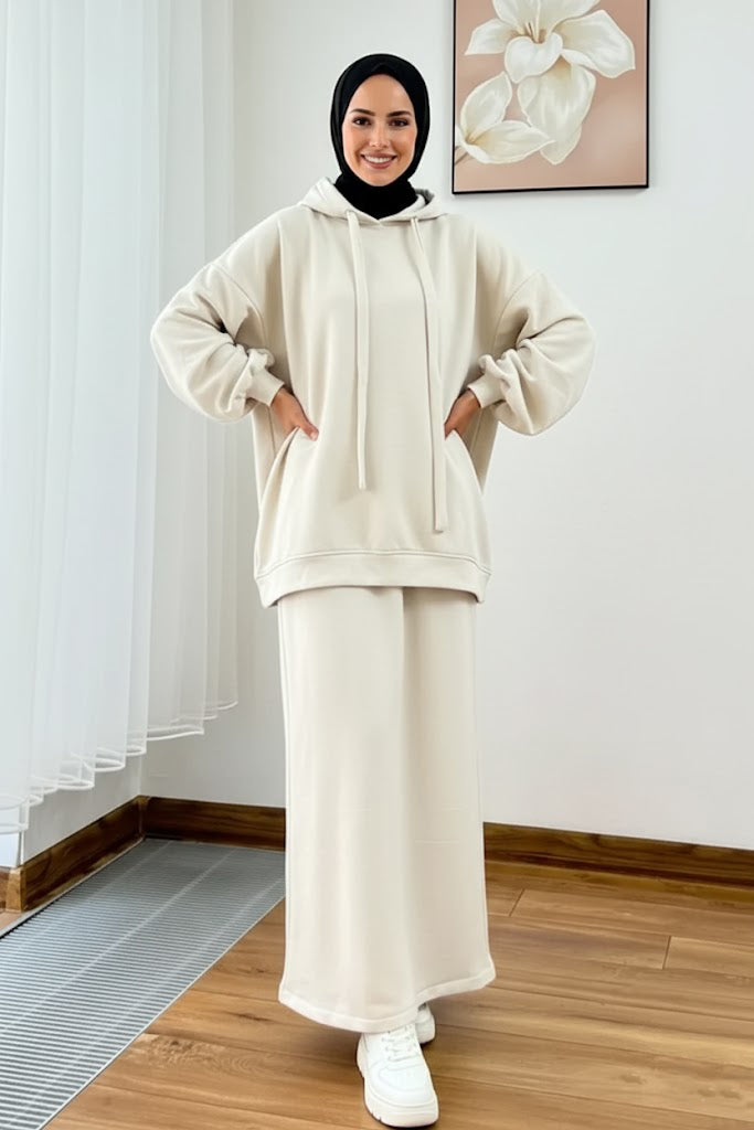 Warm Fleece Hoodie & Long Dress Set – Cream