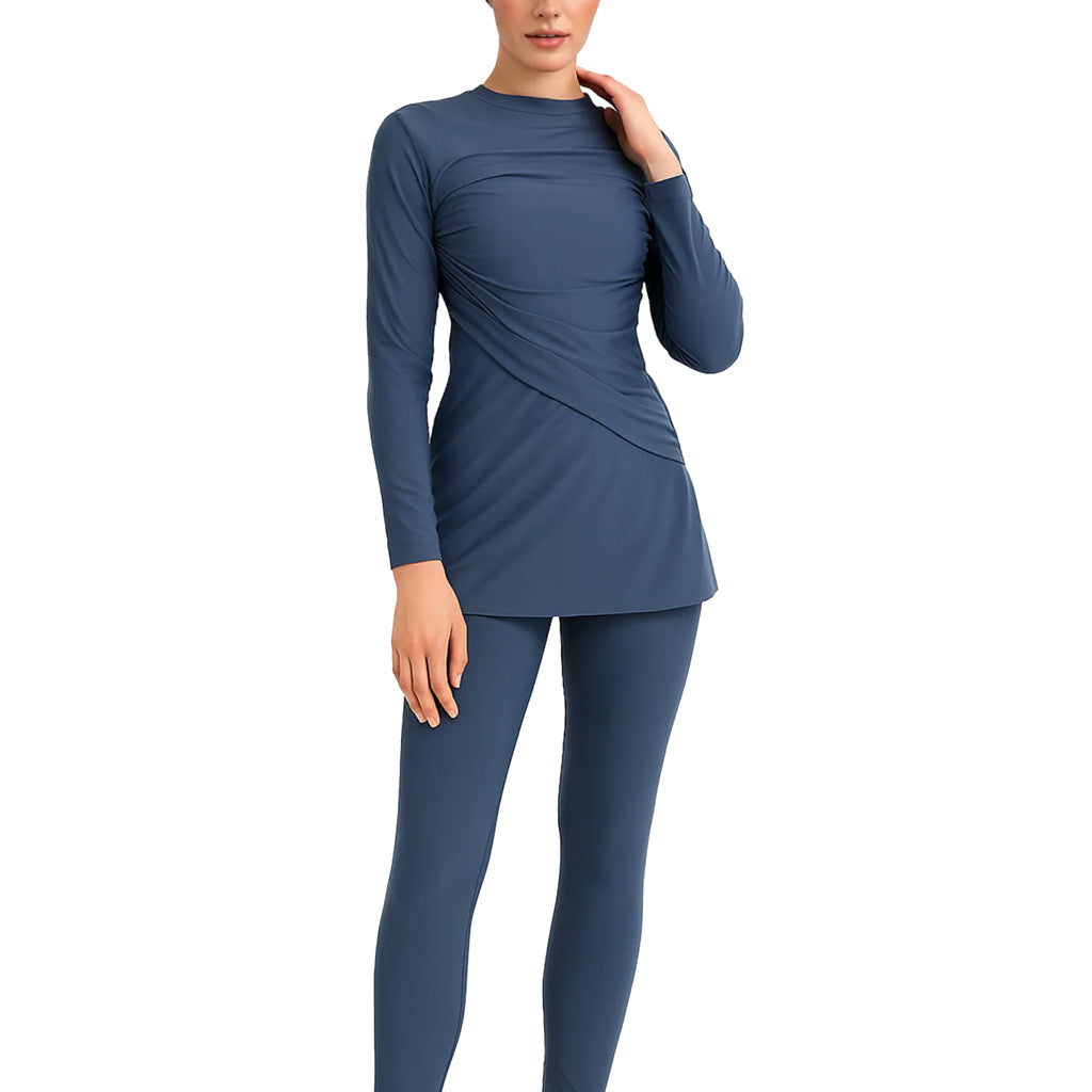 Lina Modest Burkini 3-Piece Elegant Ruched Design Swim Set  – Slate Blue Drape