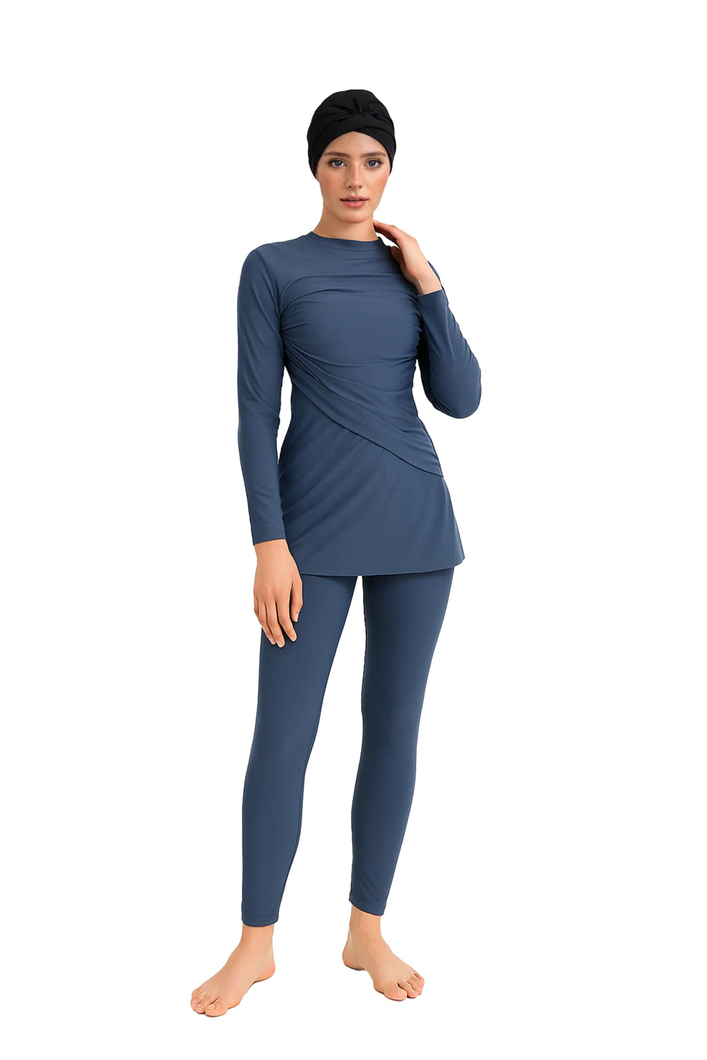 Lina Modest Burkini 3-Piece Elegant Ruched Design Swim Set  – Slate Blue Drape