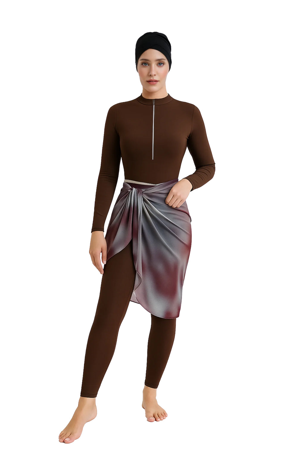 Farah Modest Burkini 3-Piece Full Coverage Swim Set - Chocolate Brown