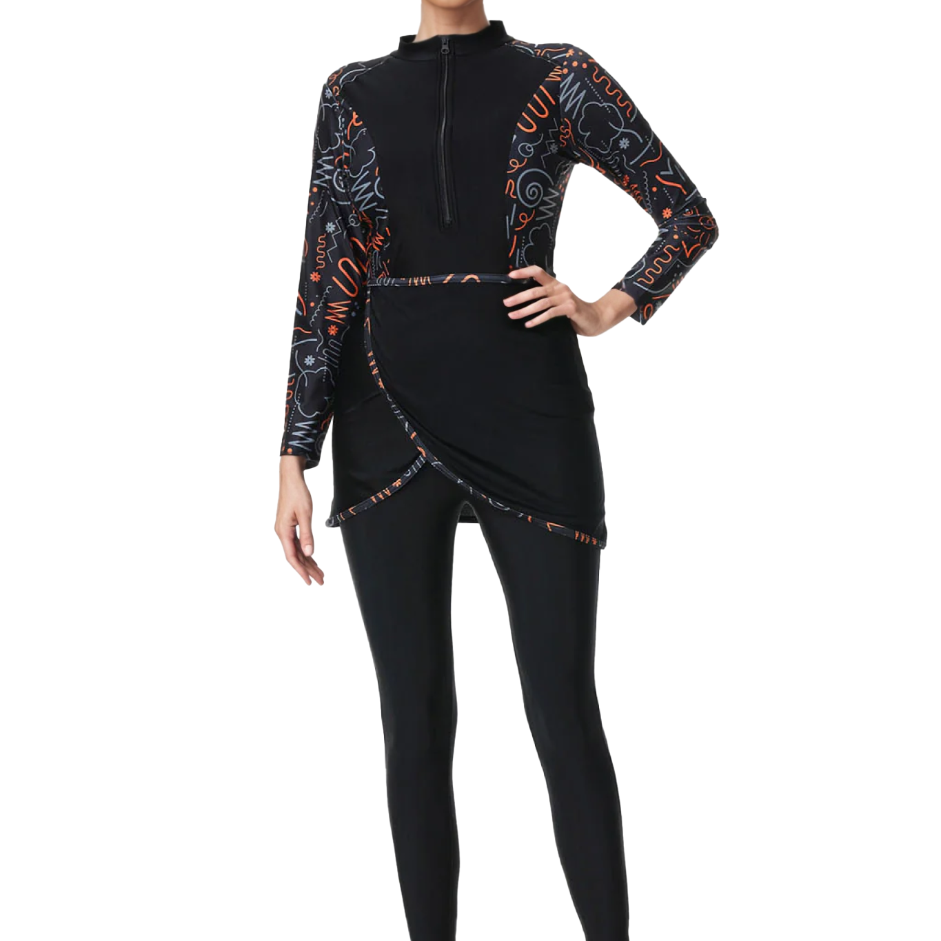 Zehra Modest Burkini 3-Piece Full Coverage Swim Set – Abstract Black & Orange