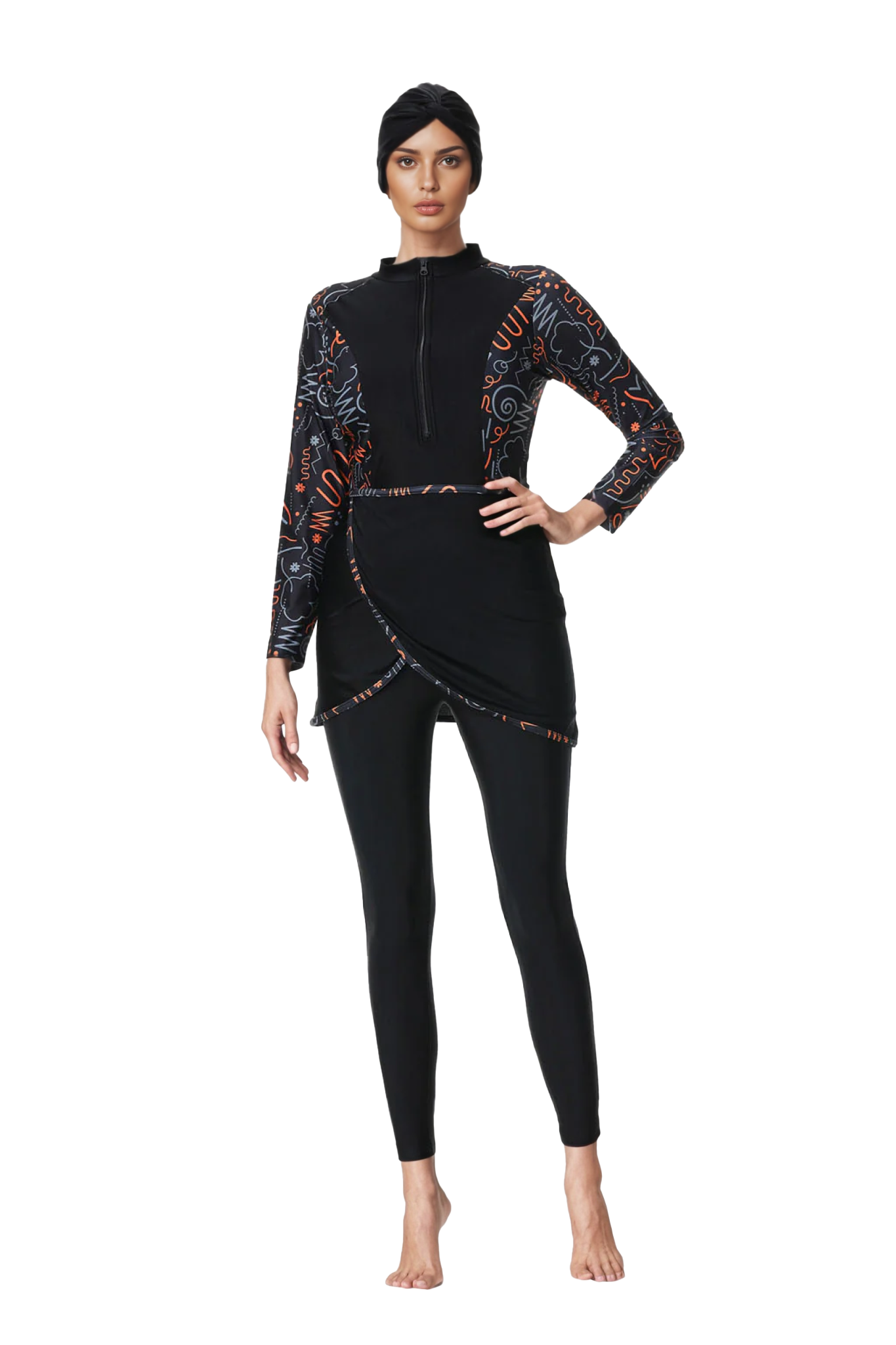 Zehra Modest Burkini 3-Piece Full Coverage Swim Set – Abstract Black & Orange