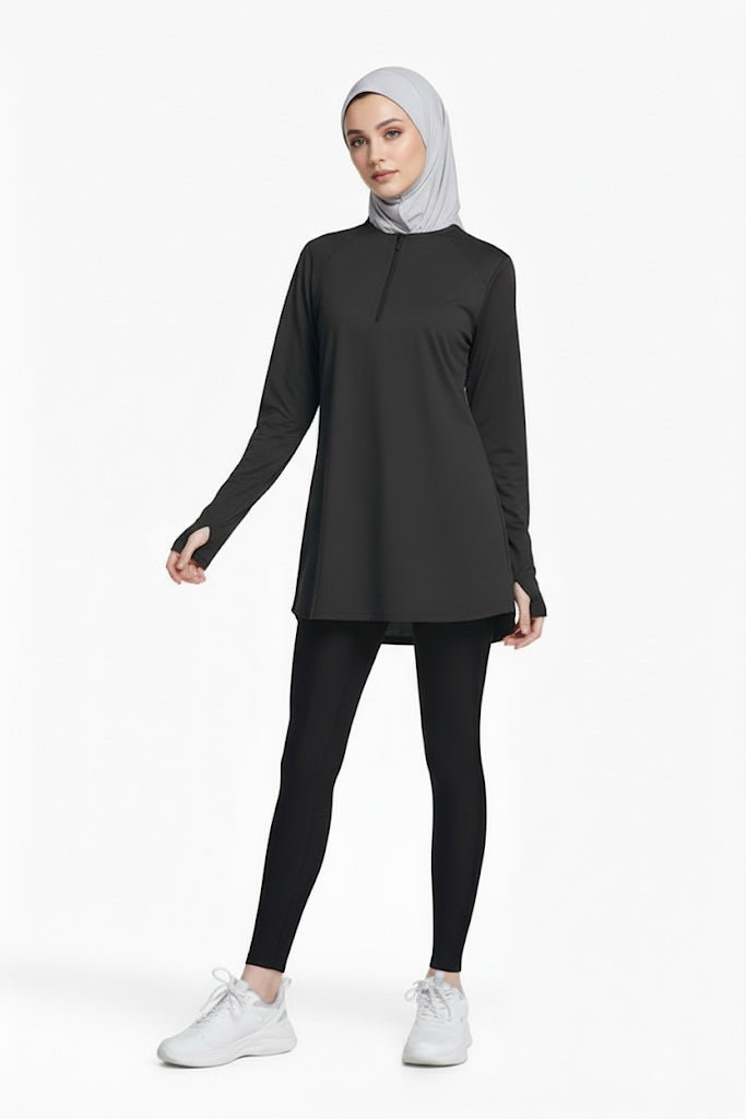 Quick-Dry 4-Way-Stretch Half-Zip Longline Top – Black
