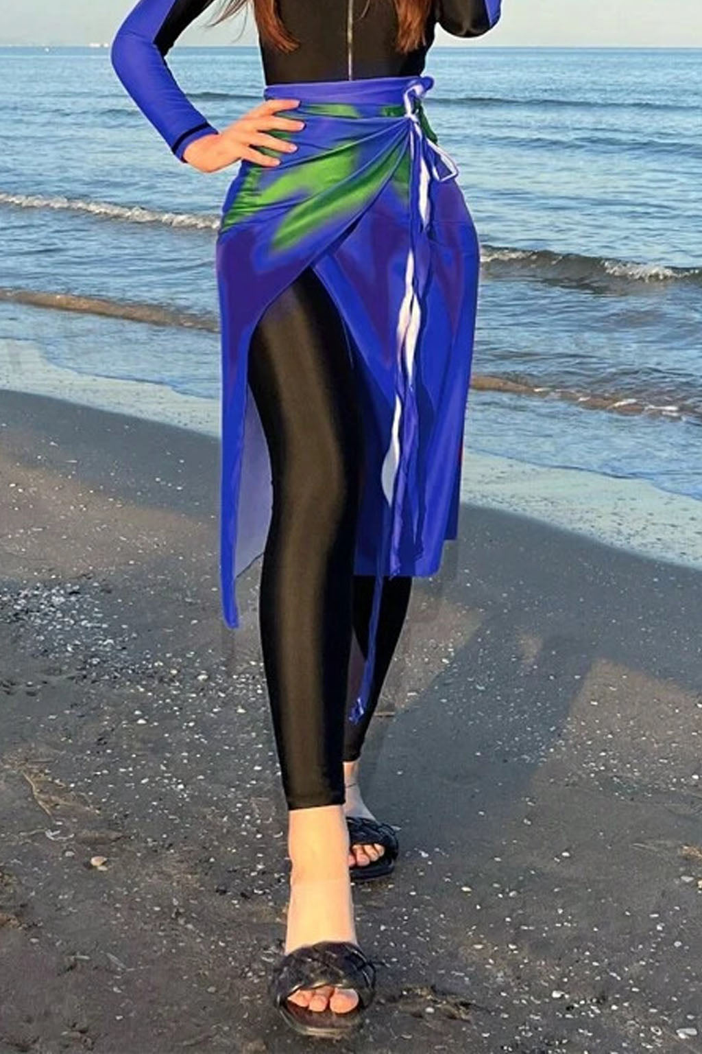 Solara Modest Burkini 3-Piece Full Coverage Swim Set - Tropical Leaf & Midnight Blue