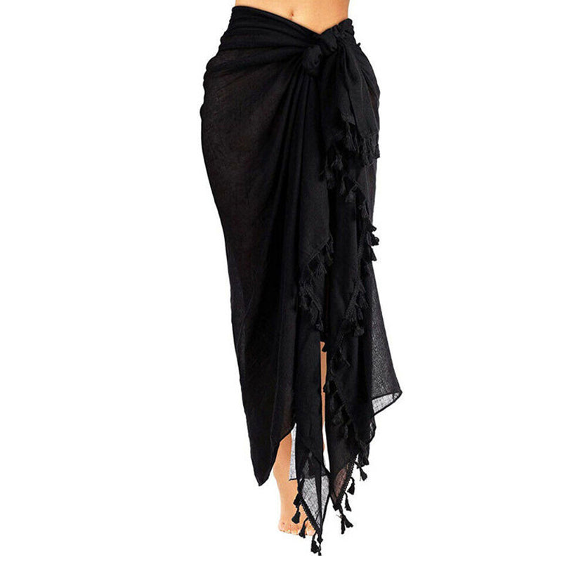 Black Tassel Sheer Beach Sarong Wrap- Swim Cover Up