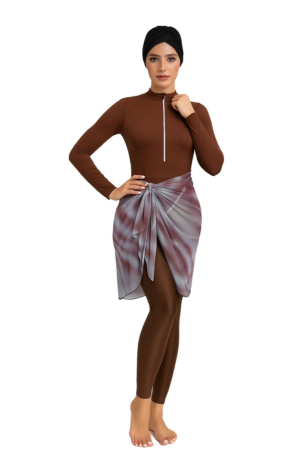 Farah Modest Burkini 3-Piece Full Coverage Swim Set - Chocolate Brown