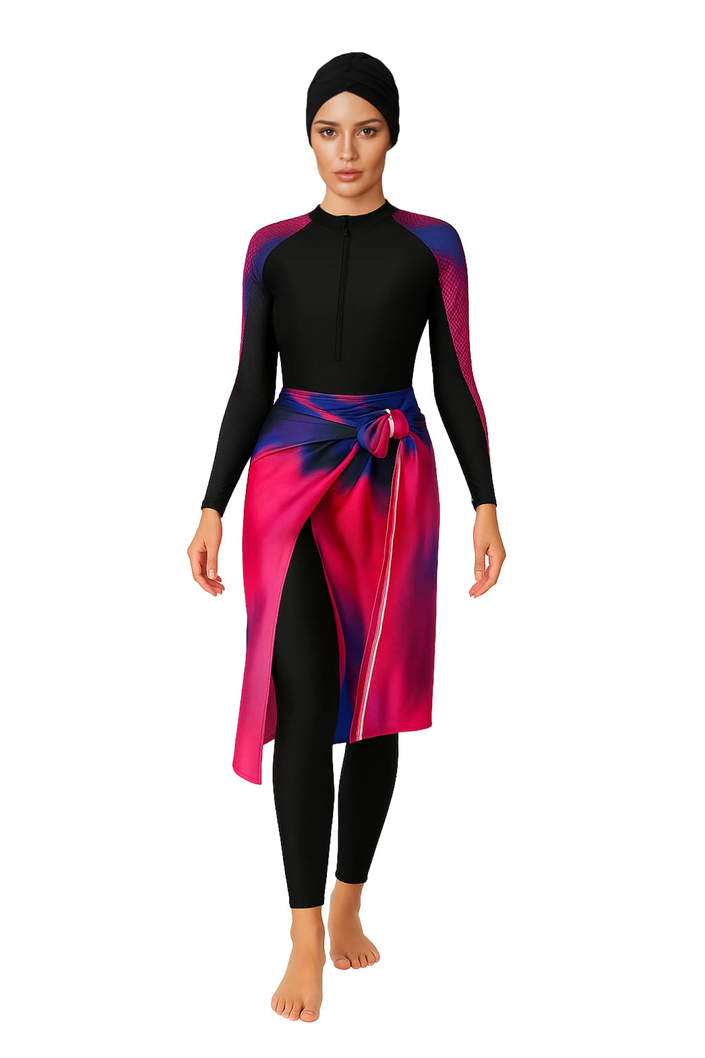 Solara Modest Burkini 3-Piece Full Coverage Swim Set - Midnight Pink Wave
