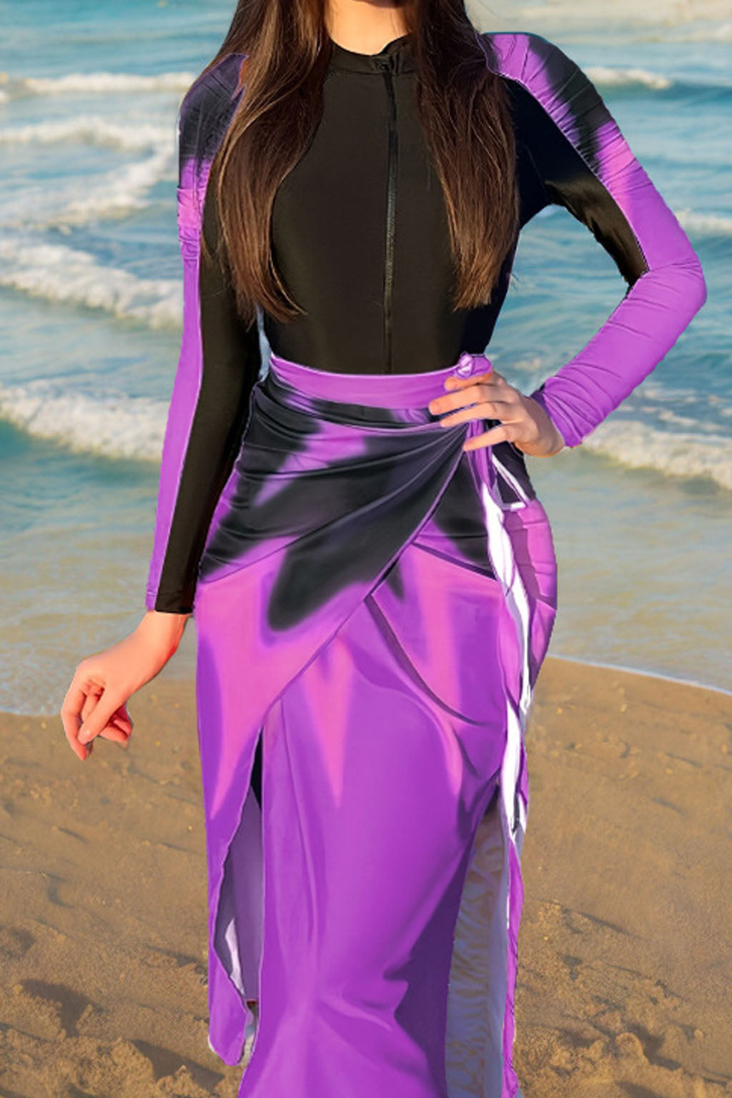 Solara Modest Burkini 3-Piece Full Coverage Swim Set - Purple Dusk