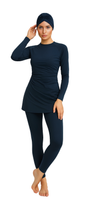 Lina Modest Burkini 3-Piece Elegant Ruched Design Swim Set - Navy blue