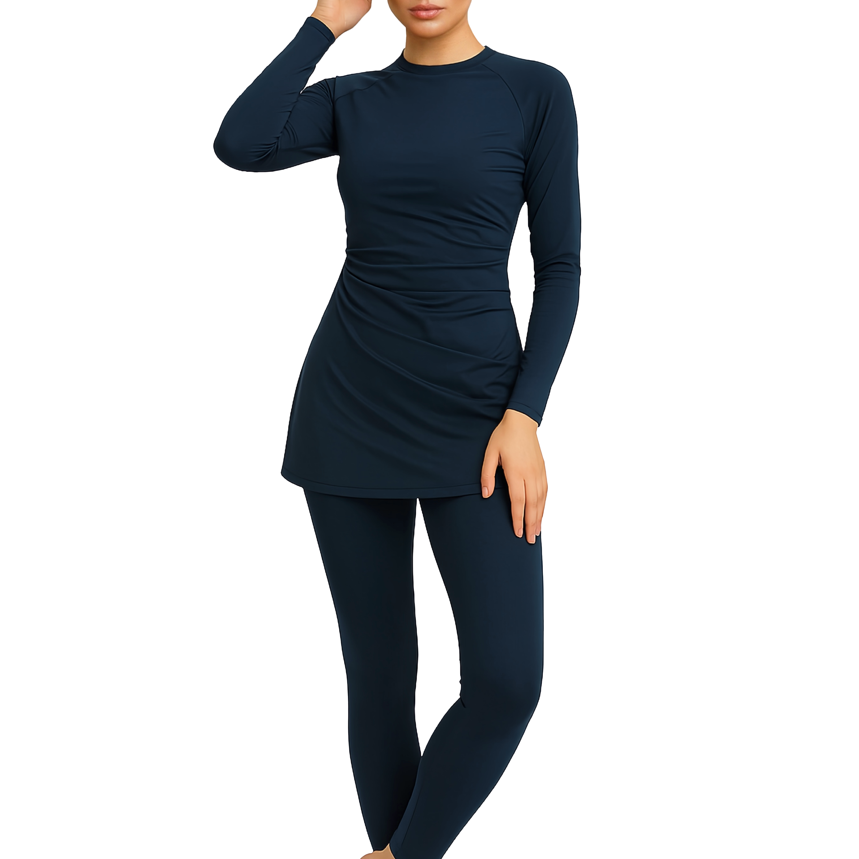 Lina Modest Burkini 3-Piece Elegant Ruched Design Swim Set - Navy blue