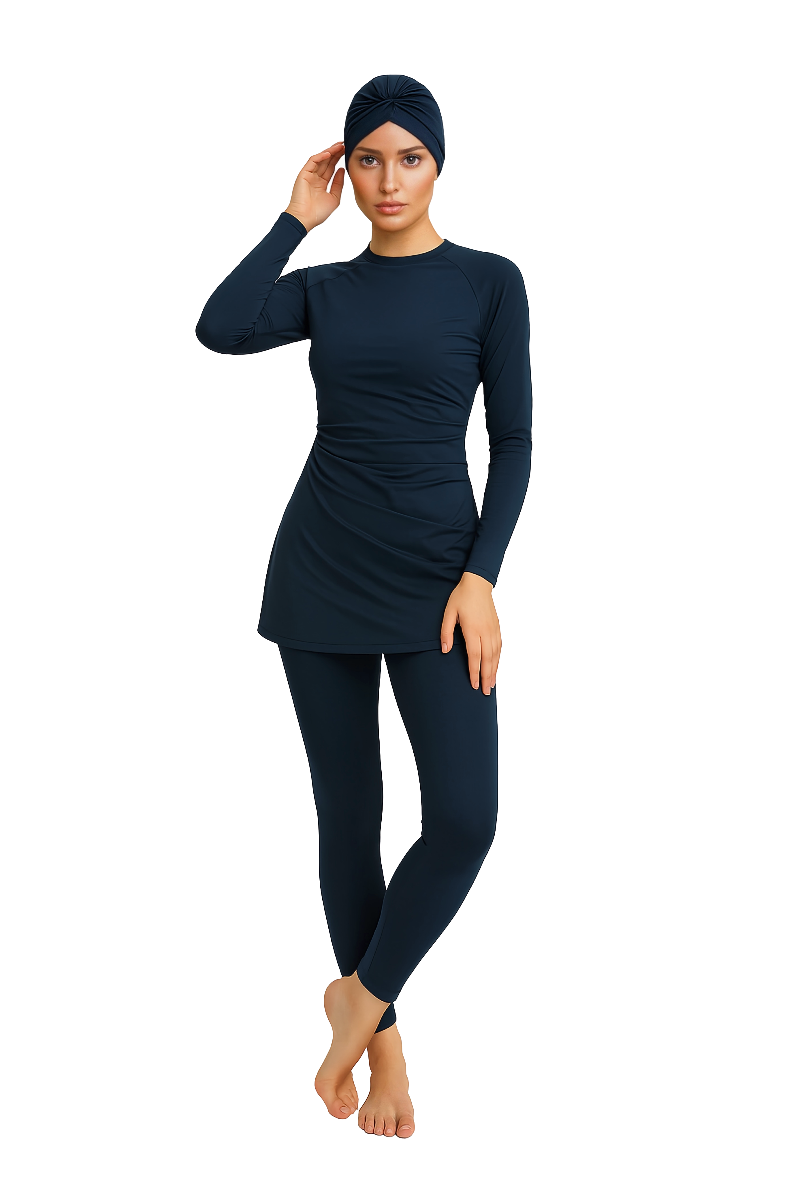 Lina Modest Burkini 3-Piece Elegant Ruched Design Swim Set - Navy blue