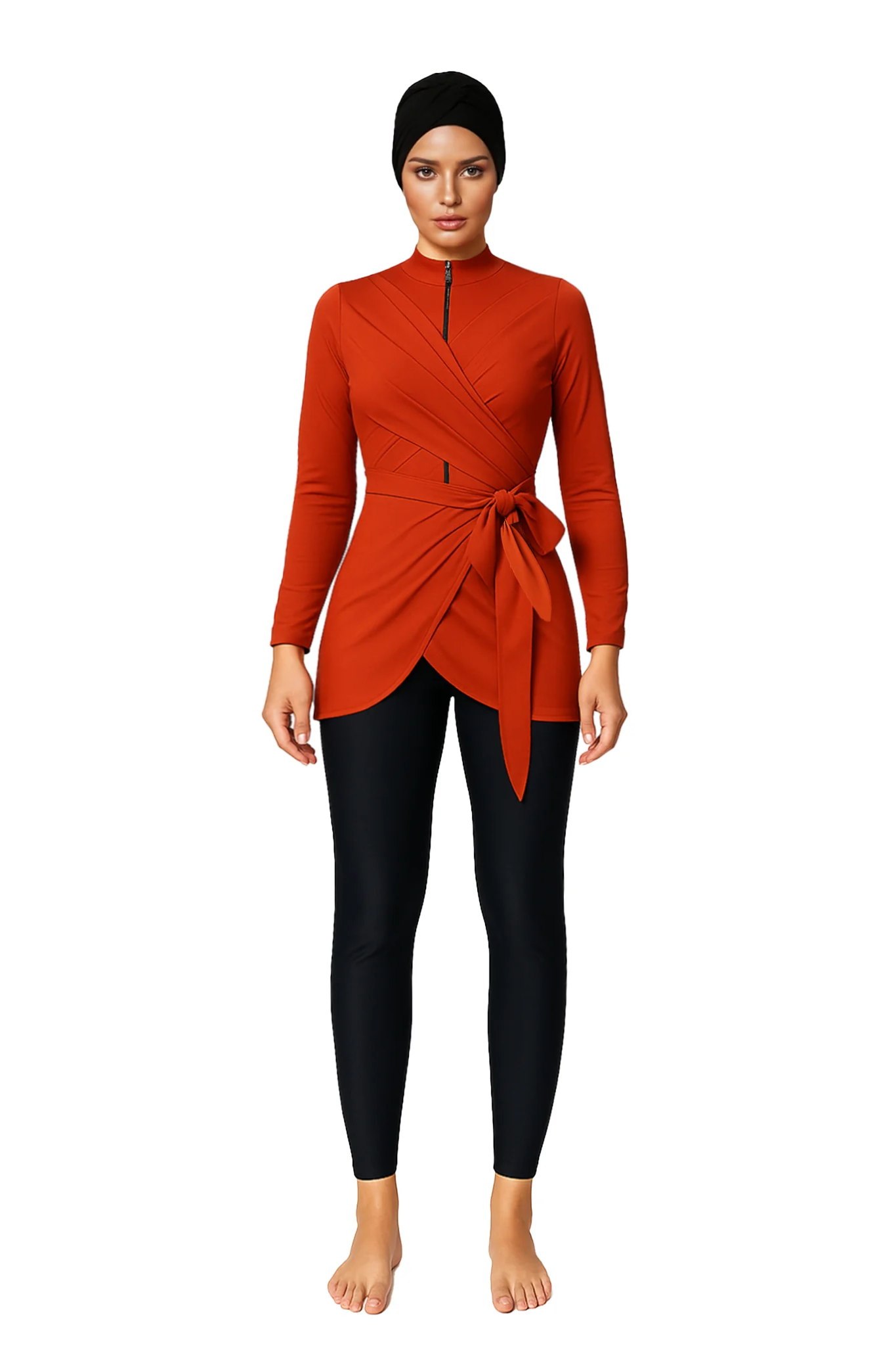 Samira Modest Burkini 3-Piece Full Coverage Swim Set - Rust Orange & Black
