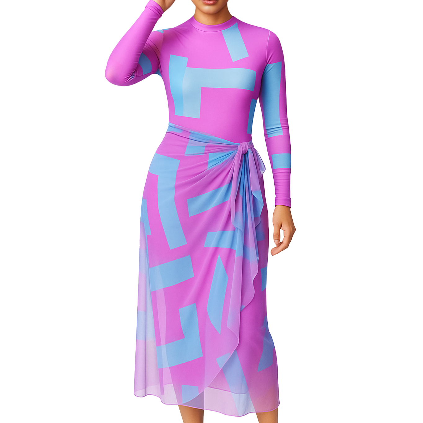 Aziza Modest Burkini 3-Piece Full Coverage Swim Set - Blue Pink Panel