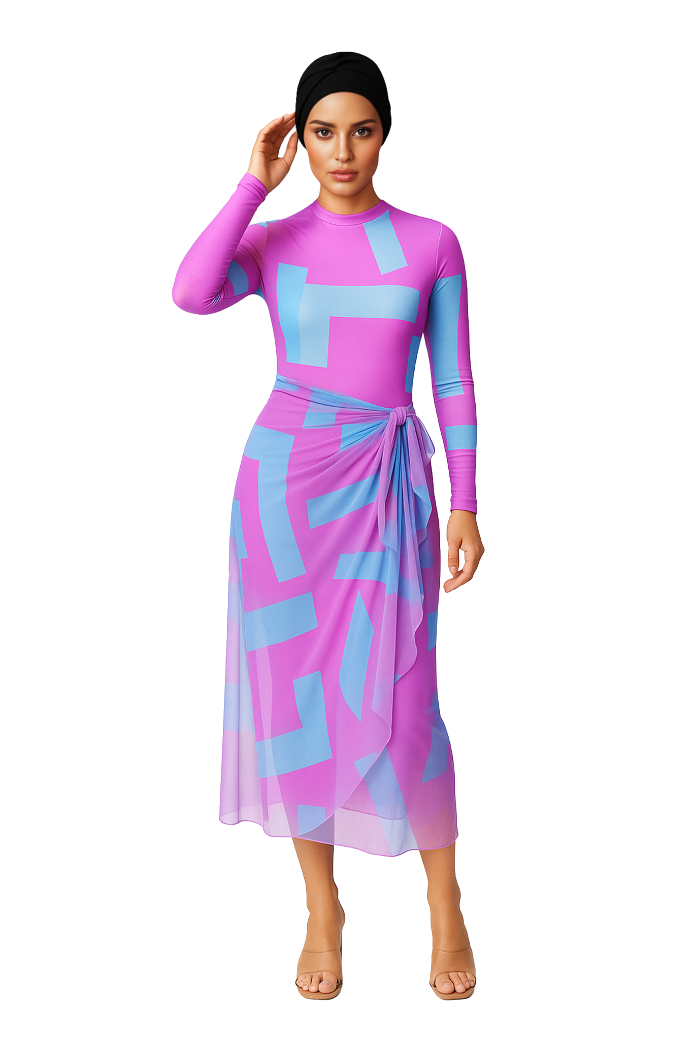 Aziza Modest Burkini 3-Piece Full Coverage Swim Set - Blue Pink Panel