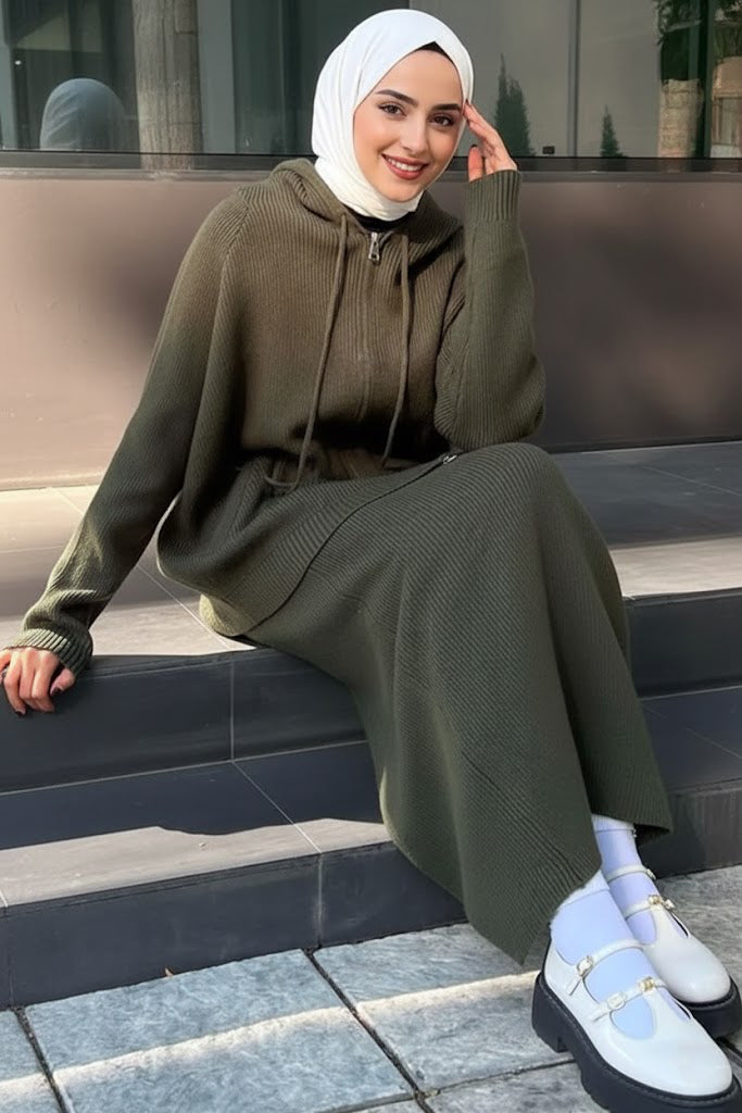 Cozy Rib-Knit Hoodie & Long Dress Set – Olive