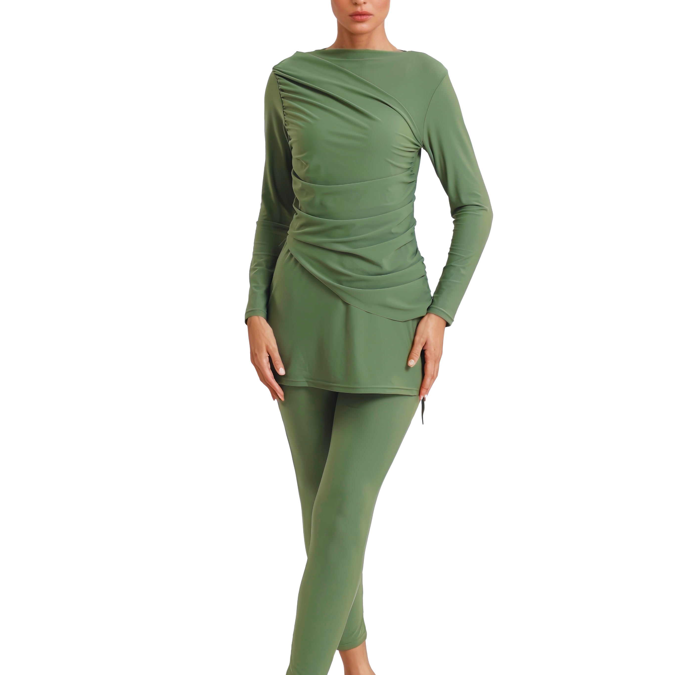 Lina Modest Burkini 3-Piece Elegant Ruched Design Swim Set – Olive Green