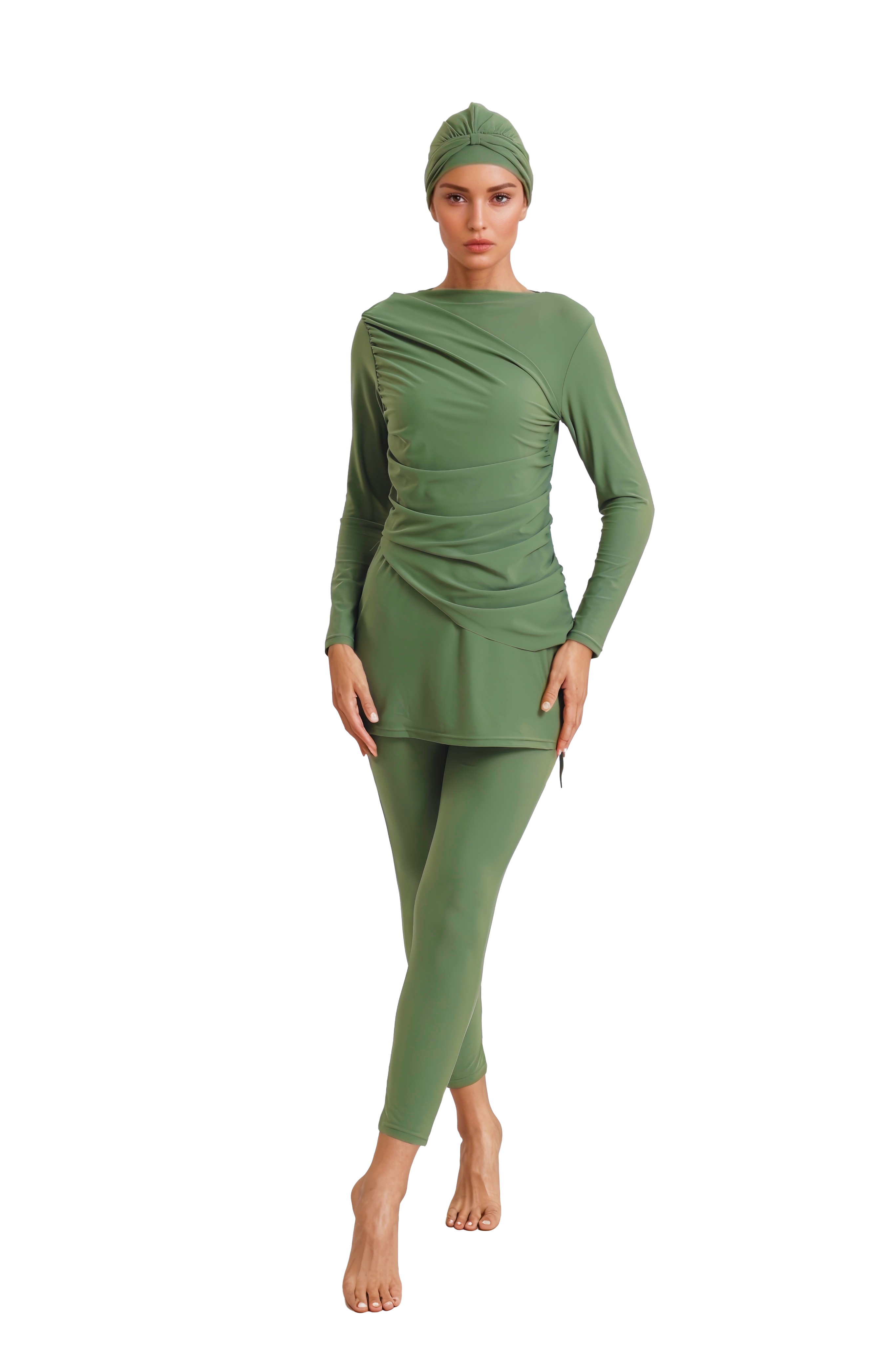 Lina Modest Burkini 3-Piece Elegant Ruched Design Swim Set – Olive Green