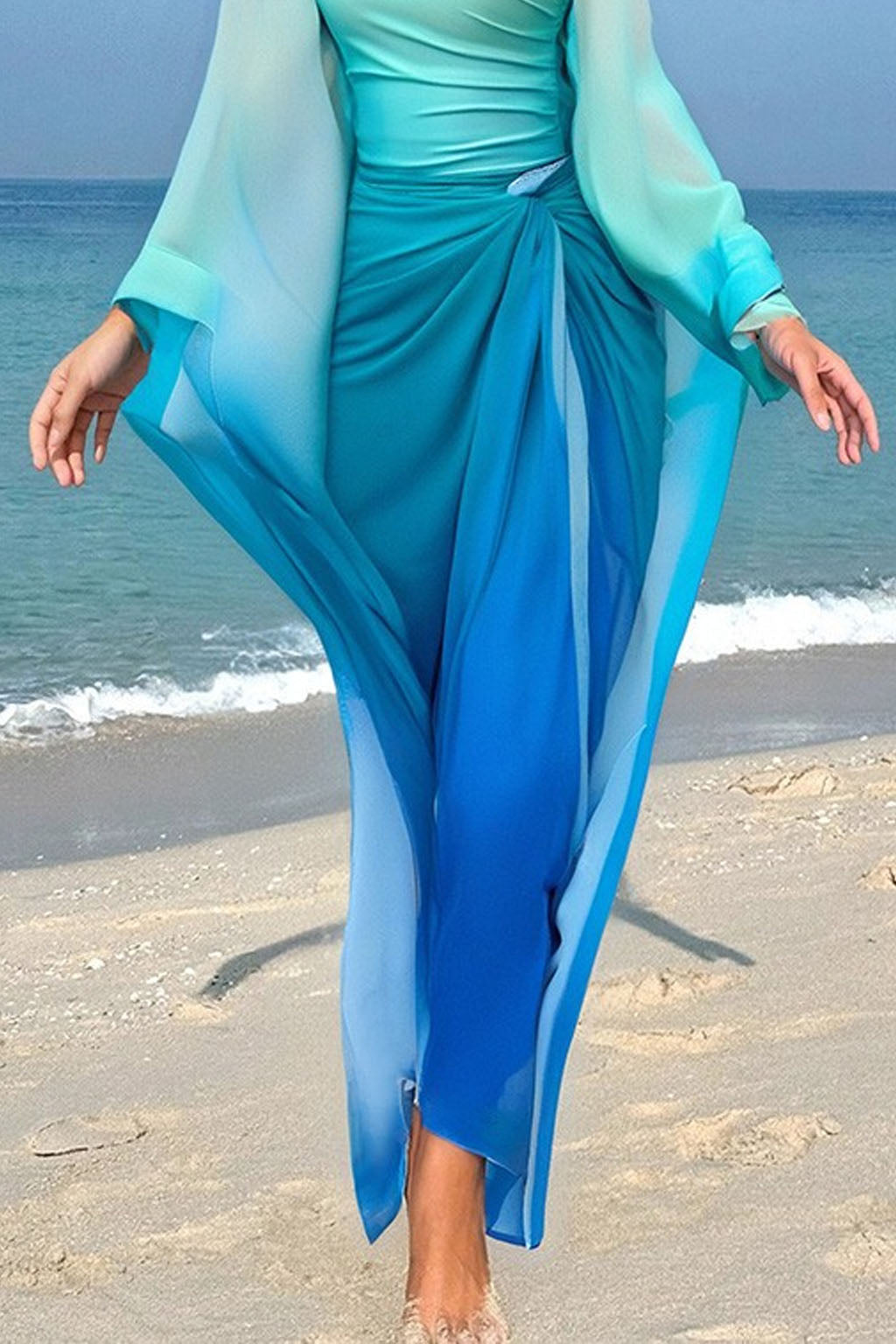 Selina Modest Burkini 3-Piece Full Coverage Swim Set - Mint to Ocean Blue Gradient