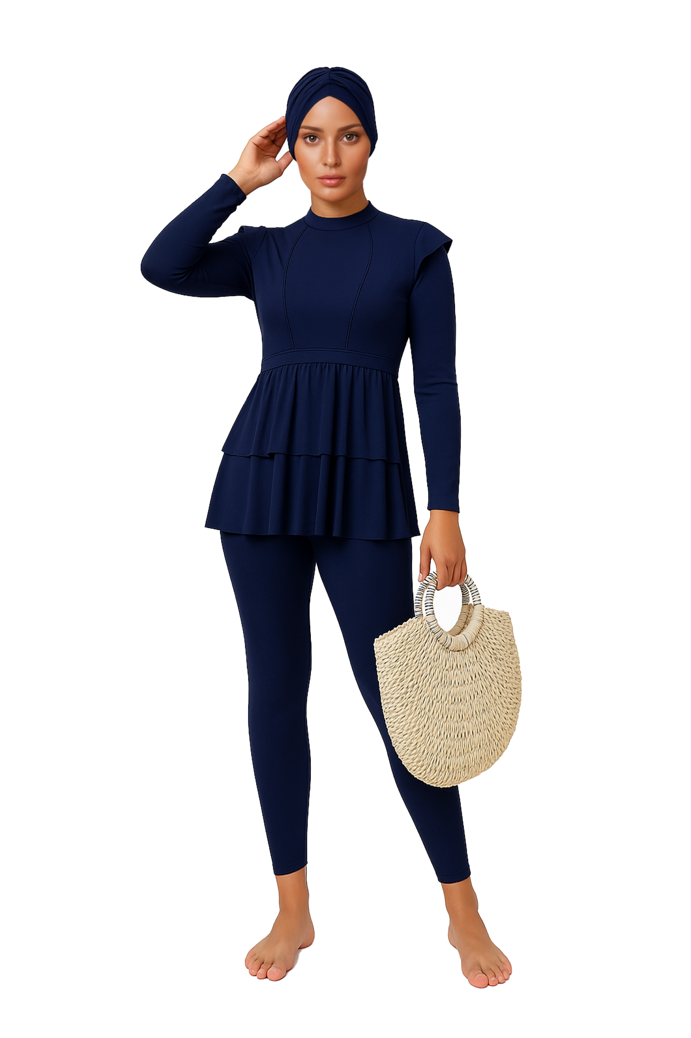 Rania Modest Burkini 3-Piece Full Coverage Swim Set – Navy Tiered Ruffle