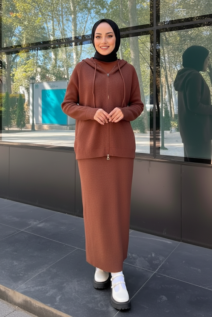 Cozy Rib-Knit Hoodie & Long Dress Set — Rust Brown