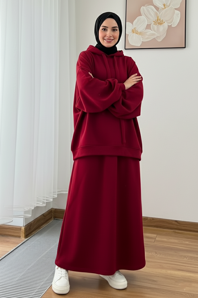 Warm Fleece Hoodie & Long Dress Set – Burgundy