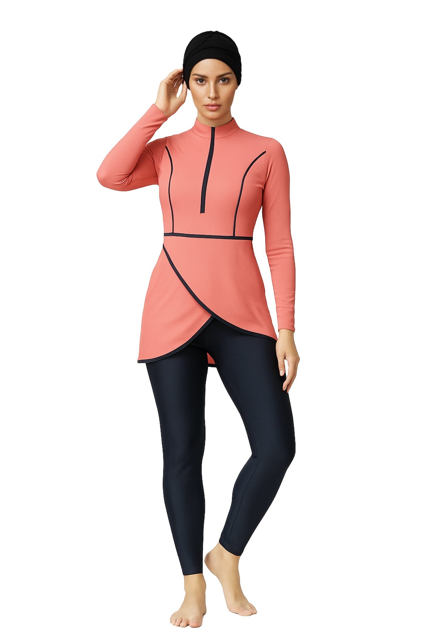 Zehra Modest Burkini 3-Piece Full Coverage Swim Set– Coral Pink & Navy