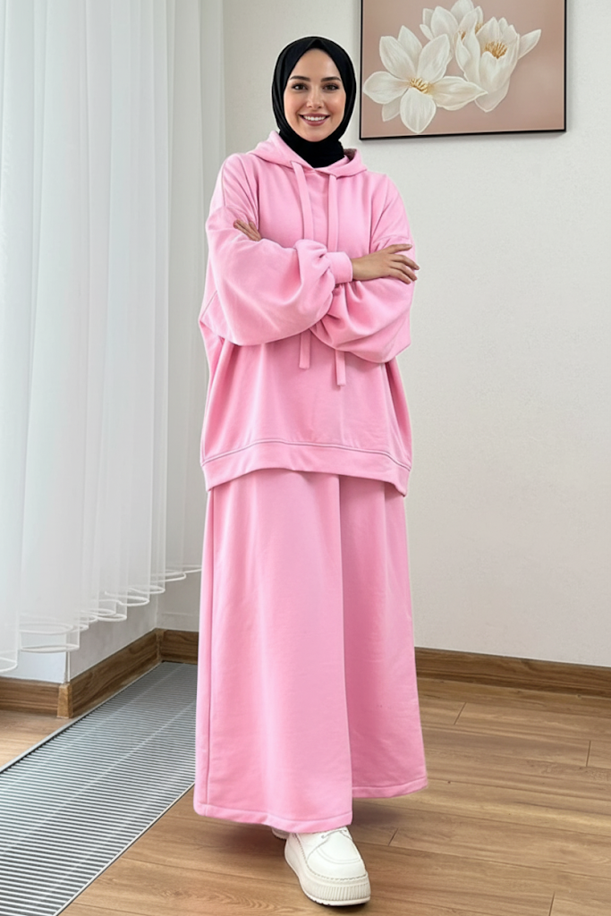 Warm Fleece Hoodie & Long Dress Set – Pink