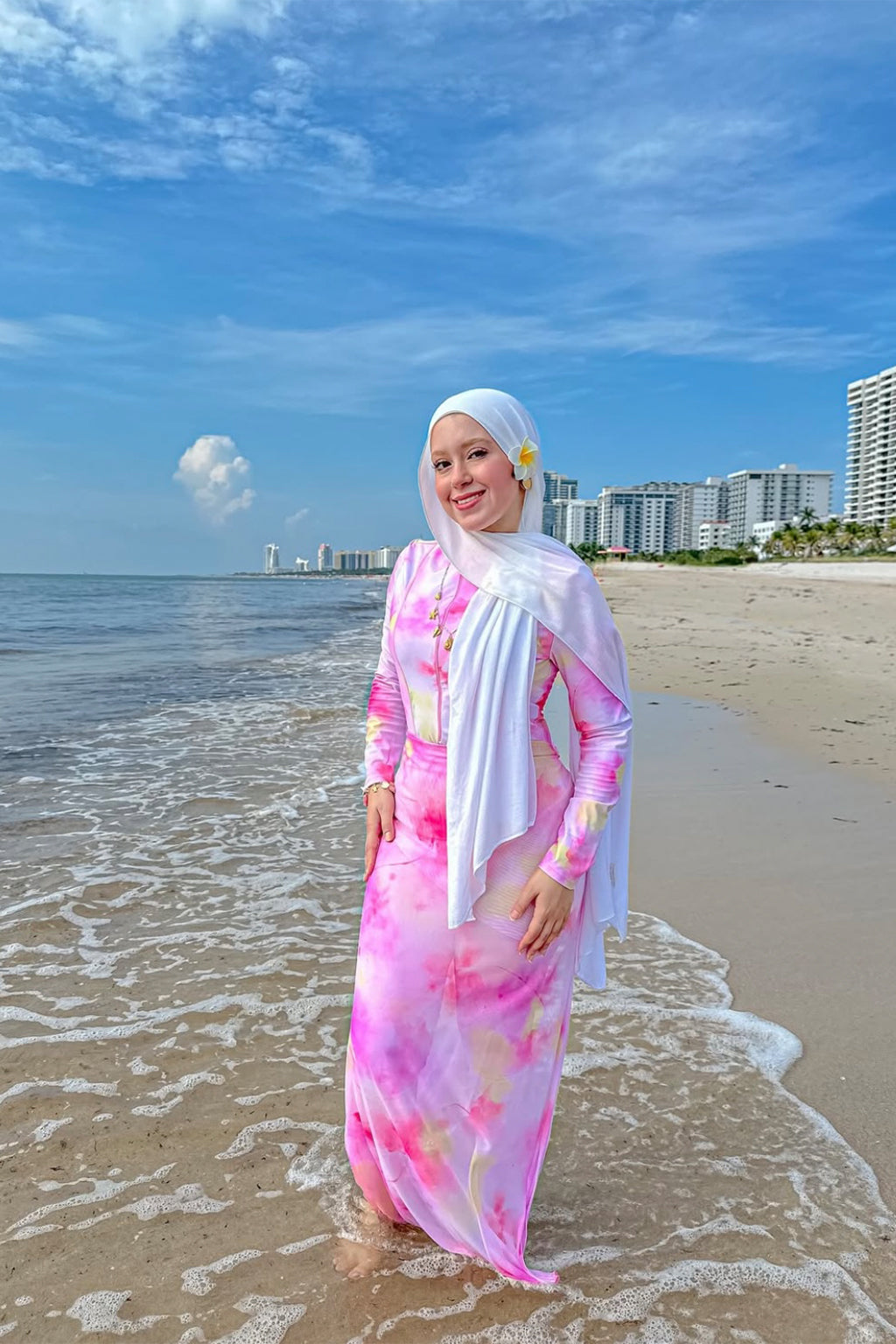 Jawhara Modest Burkini 3-Piece Full Coverage Swim Set - Pink Tie-Dye