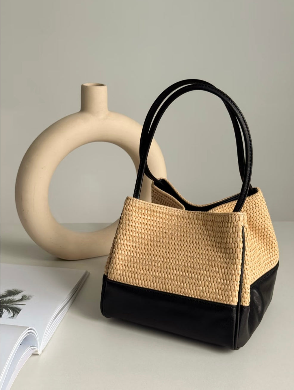 Hassan Straw Woven Leather Lantern Bucket Bag