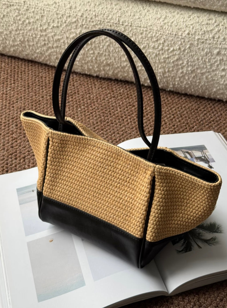 Hassan Straw Woven Leather Lantern Bucket Bag