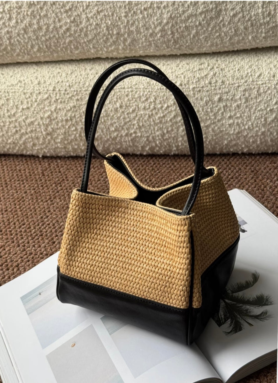 Hassan Straw Woven Leather Lantern Bucket Bag