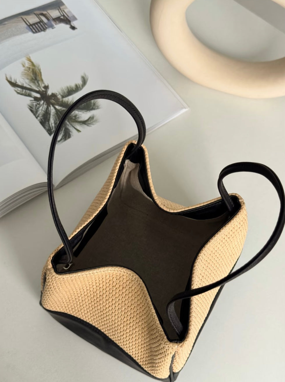 Hassan Straw Woven Leather Lantern Bucket Bag