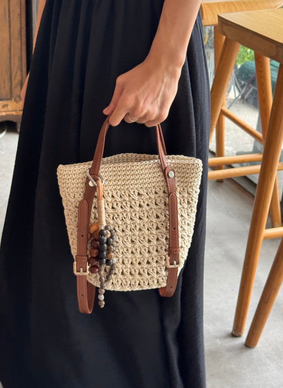 Sofia Leather Crochet Woven Bucket Bag
