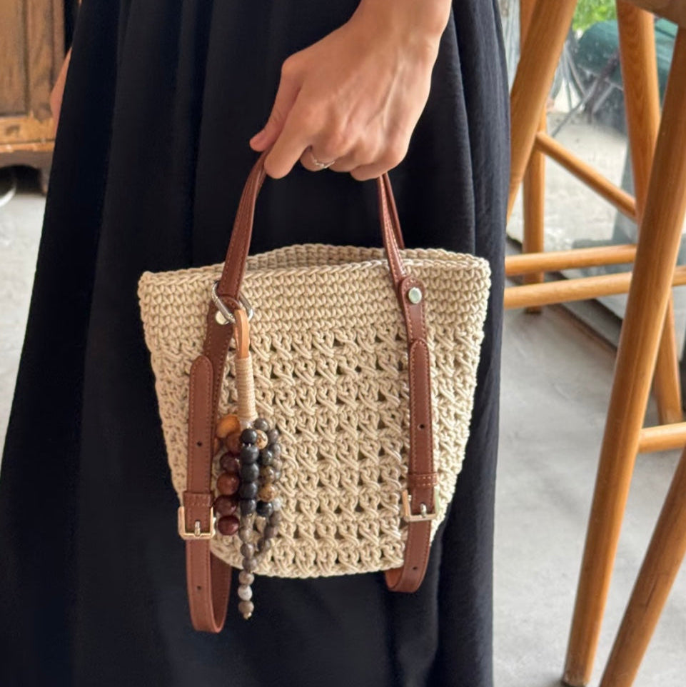 Sofia Leather Crochet Woven Bucket Bag