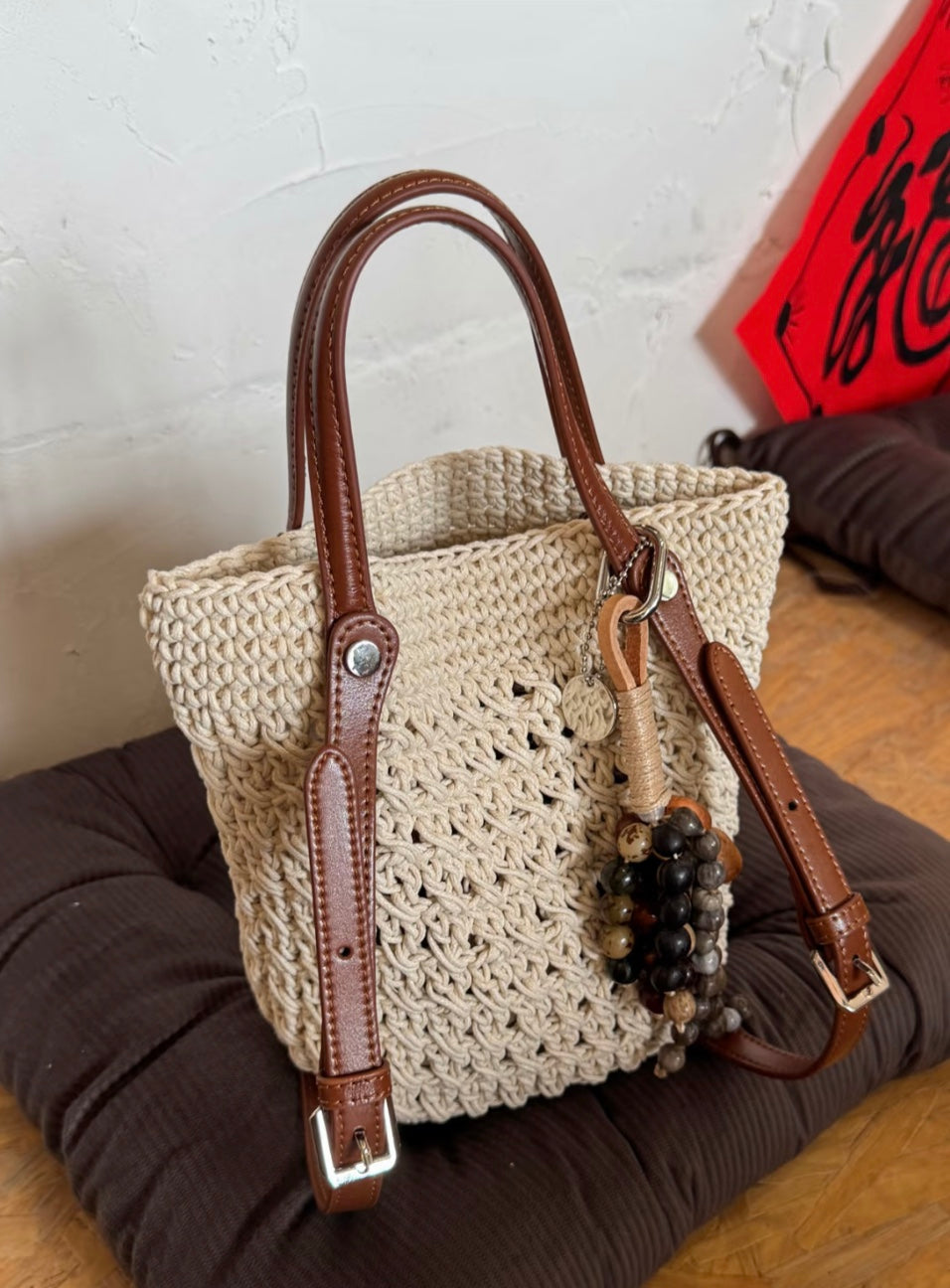 Sofia Leather Crochet Woven Bucket Bag