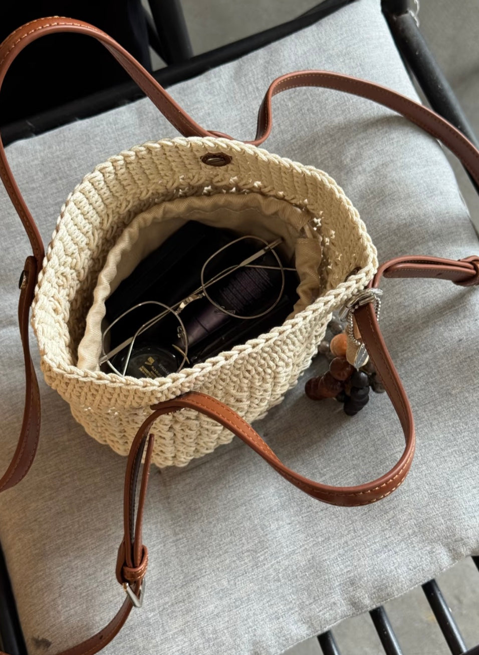 Sofia Leather Crochet Woven Bucket Bag