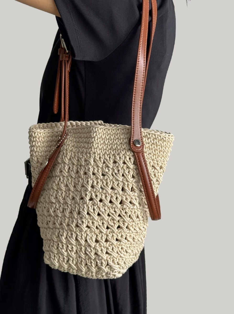 Sofia Leather Crochet Woven Bucket Bag