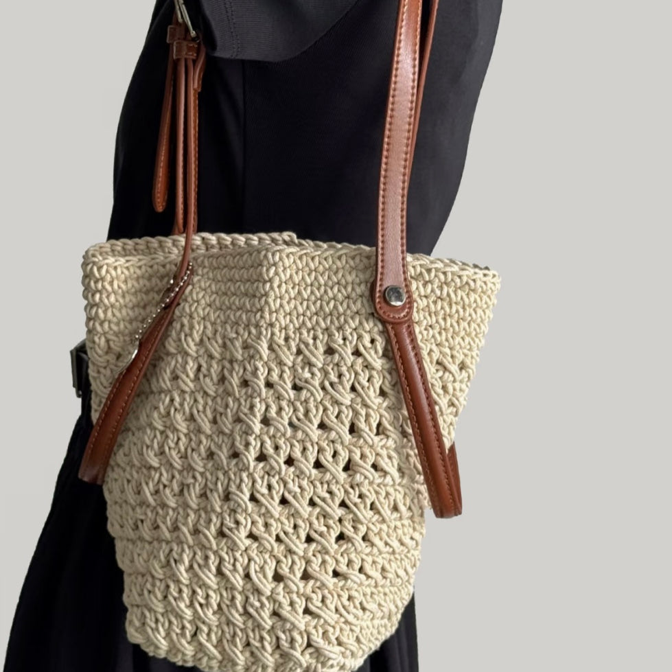 Sofia Leather Crochet Woven Bucket Bag