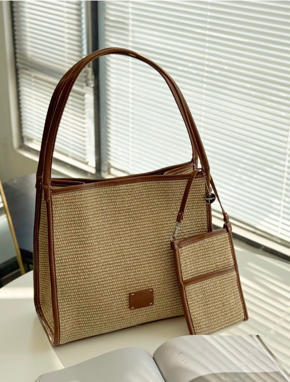Inaya Woven Straw Tote Shoulder Bag  - Khaki