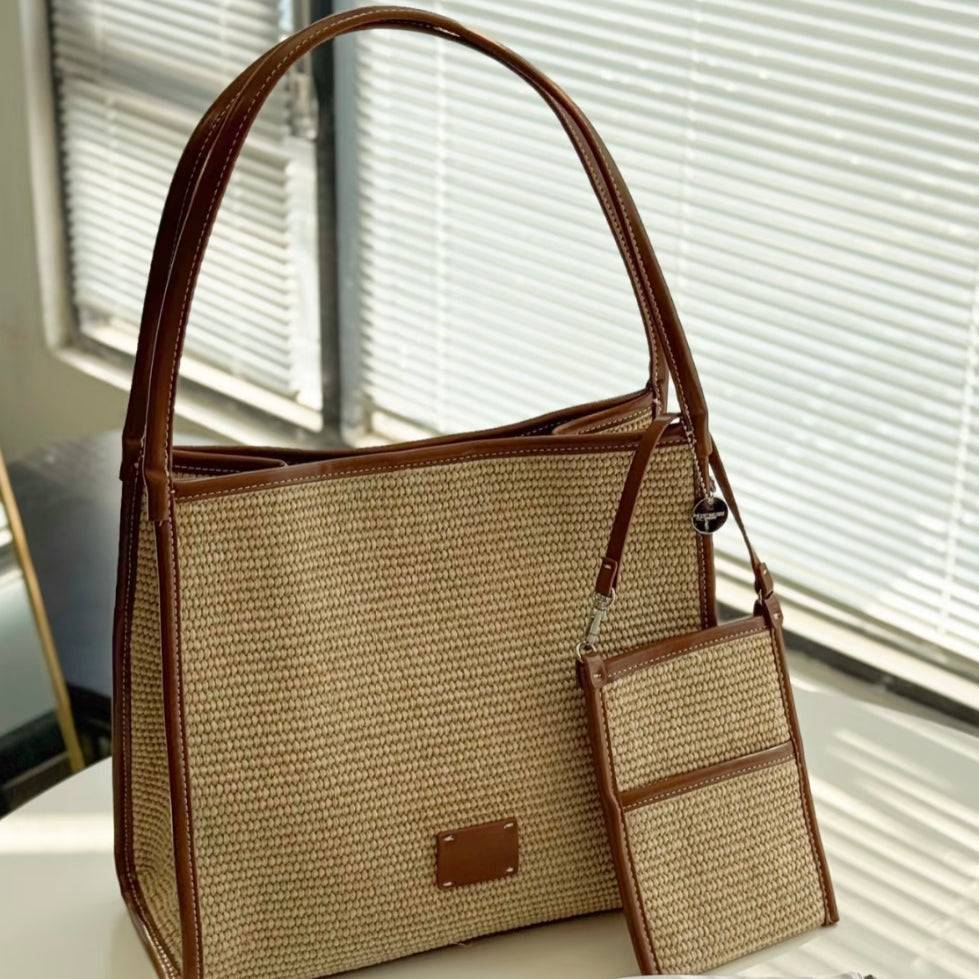Inaya Woven Straw Tote Shoulder Bag  - Khaki